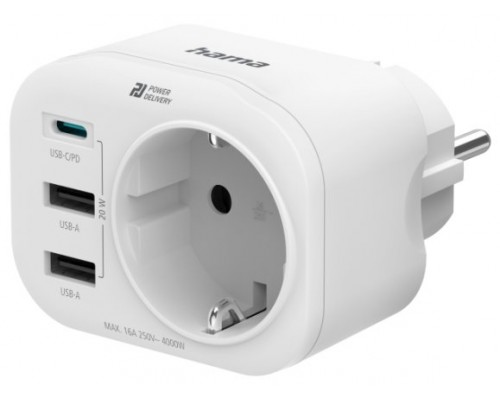 ENCHUFE  MULTIPLE HAMA 1xSCHUKO 2XUSB-A + 1XUSB-C 20W PD QC BLANCO (Espera 4 dias)