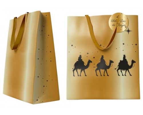 BOLSA DORADA PAPEL REYES MAGOS M (26x12x37 CM) CON TARJETA COLGANTE BISMARK 333672 (Espera 4 dias)