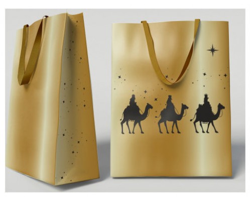 BOLSA DORADA PAPEL REYES MAGOS S (24X10X32 CM) CON TARJETA COLGANTE BISMARK 333673 (Espera 4 dias)