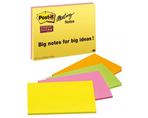 PACK 4 BLOCS 45 HOJAS NOTAS GRANDES ADHESIVAS 203X152MM SUPER STICKY COLORES SURTIDOS NEÓN 6845-SSP POST-IT 7100234637 (Espera 4 dias)