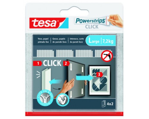 BLISTER TIRAS ADHESIVAS CUELGA OBJETOS POWERSTRIPS CLIK 7,2KG  4 PARES 85X20MM "L" TESA 77722-00001-00 (Espera 4 dias)