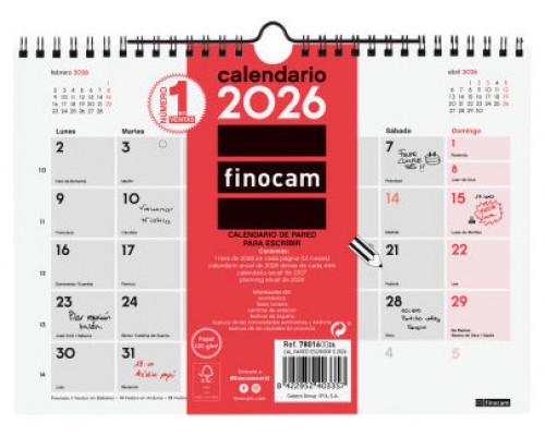 CALENDARIO 2026 NEUTRO PARED ESCRIBIR S 210X150MM FINOCAM 780160026 (Espera 4 dias)
