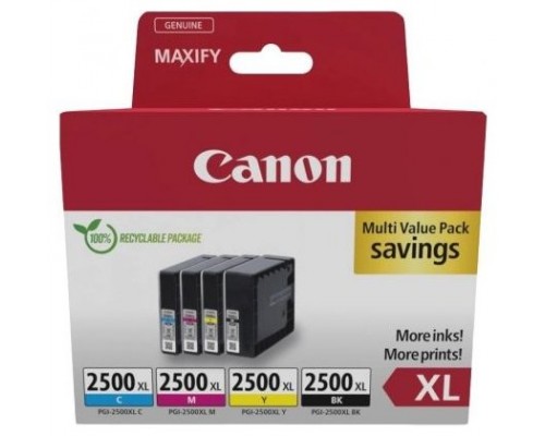 CANON Pack 4 Cartuchos PGI-2500XL Maxify iB4050 MB5050 MB5350 Alta capacidad  Pack-4 colores ECOPACK