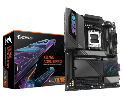 GIGABYTE Placa base X870E AORUS PRO - Compatible con CPUs AMD Ryzen 9000, VRM digital de 16+2+2 fases, hasta 8000MHz DDR5 (OC), 4xPCIe 5.0 + 4xM.2, Wi-Fi 7, LAN 2.5GbE, USB 3.2 Gen 2x2 (Espera 4 dias)