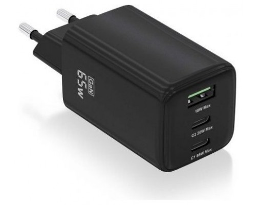 AISENS - CARGADOR GaN 65W, 2xUSB-C PD3.0 QC4.0, 1xUSB-A QC3.0, NEGRO