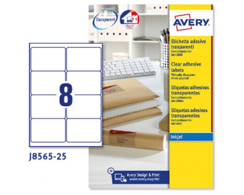 PAQUETE 25 HOJAS ETIQUETAS TRANSPARENTES QUICKPEEL-IMPRESORAS DE INYECCIÓN DE TINTA-99,1X67,7 MM AVERY J8565-25 (Espera 4 dias)