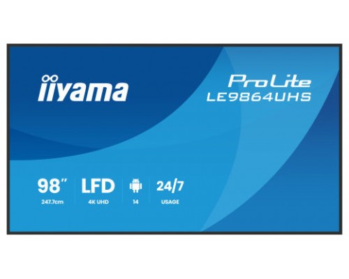 IIYAMA MONITOR 98" 3840x2160, UHD VA DLED  500cd/m, HORIZ Y VERT, MM 2x 10W, 2x HDMIx 1x USB-C, USB 2.0 x2, WiFi, LAN, Media Play USB Port, Control LAN / RS232C, Android 14 OS, 24/7 Operation, VESA Mount 700x500 - wallmount included (LH5564UHS-B1AG) 