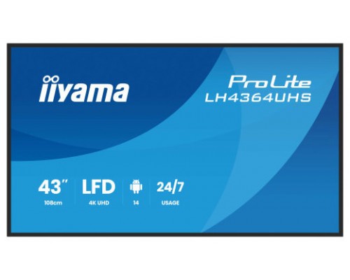 IIYAMA MONITOR 43" 3840x2160, UHD VA DLED  500cd/m, HORIZ Y VERT, MM 2x 10W, 2x HDMIx 1x USB-C, USB 2.0 x2, WiFi, LAN, Media Play USB Port, Control LAN / RS232C, Android 14 OS, 24/7 Operation, VESA Mount 300x300 - wallmount included (LH4364UHS-B1AG) 