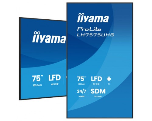 MONITOR IIYAMA 75" (LH7575UHS-B2AG) 3840X2160 / 4K UHD / 24/7 / 500 CD/M / 8MS / DP / 3XHDMI / MICRO SD SLOT /  E-SHARE /IISIGNAGE 2  / RJ45 / SDM SLOT PC / ANDROID 11.0 (Espera 4 dias)