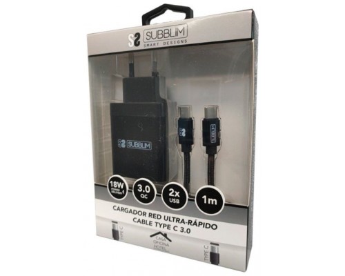 SUBBLIM Cargador Smart charger PD18W+2.4A + C to C cable Black