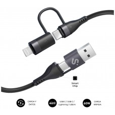 CABLE TOP 4 EN 1 60W USB-A/2xUSB-C/LIGHTNING 1 M NEGRO SUBBLIM (Espera 4 dias)