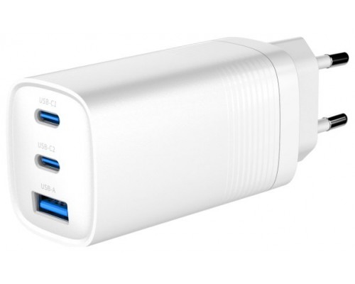 CARGADOR RAPIDO USB GEMBIRD POWER DELIVERY GAN DE 3 PUERTOS Y 65 W, BLANCO