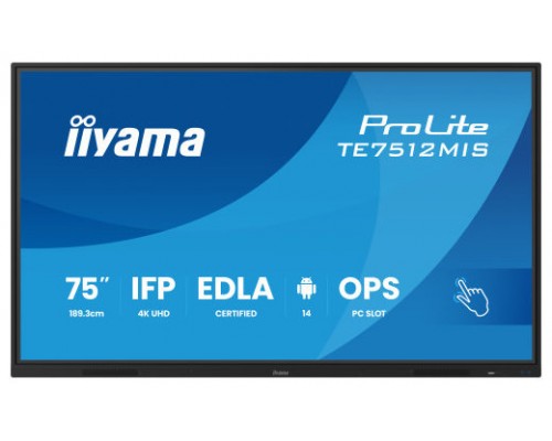 MONITOR INTERACTIVO TACTIL IIYAMA 75" (TE7512MIS-B4AG)3840X2160 / IPS LED 4K UHD / 24/7 / 8/64GB / 400 CD/M / 8MS / 1200:1 / 1 VGA - 3 HDMI / 1 USB-C / 5XUSB / AUDIO OUT / WIFI / MM / 2 RJ45 / OPS SLOT/ ANDROID 11 (Espera 4 dias)